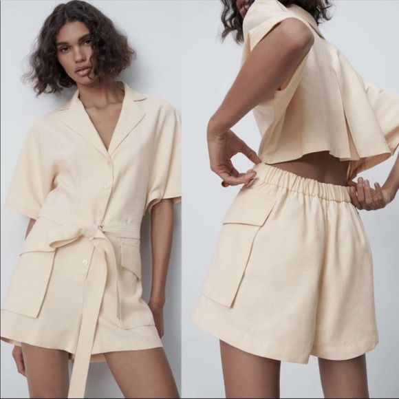 Zara Pants - Zara Cargo Safari Poplin Back Short Sleeve Khaki Romper Playsuit Size XS